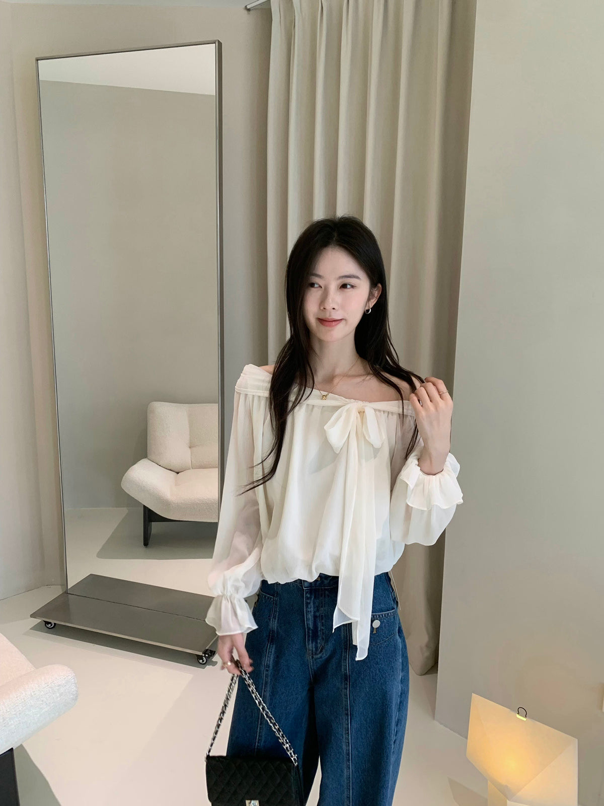 Off shoulder bell sleeve blouse