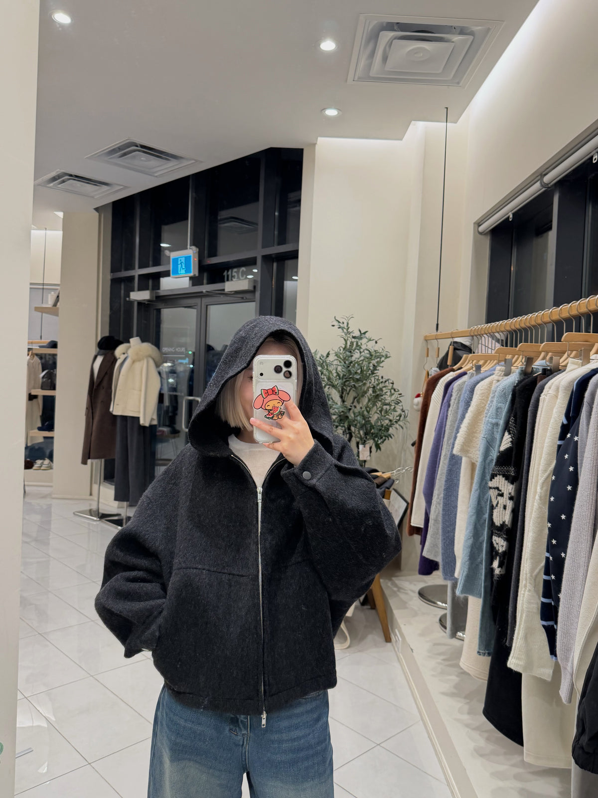 Woolen hooded zip-up jacket