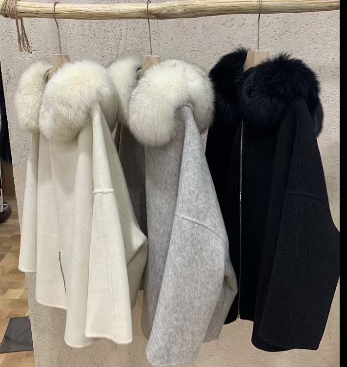 Fox fur hoodie wool zipper jacket