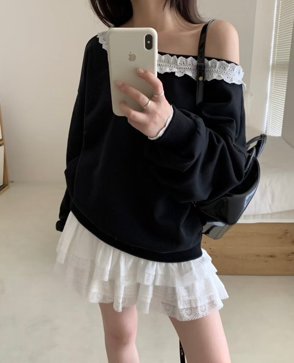 Lace-edged V-neck sweater