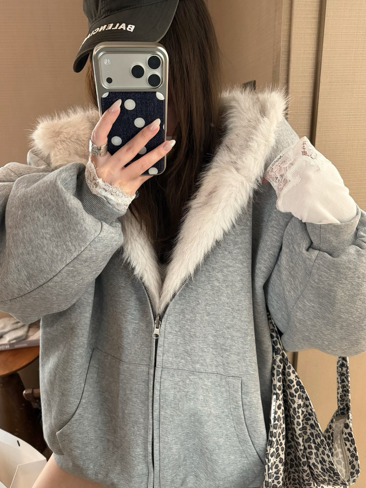 Reversible Eco-fur hoodie cardigan