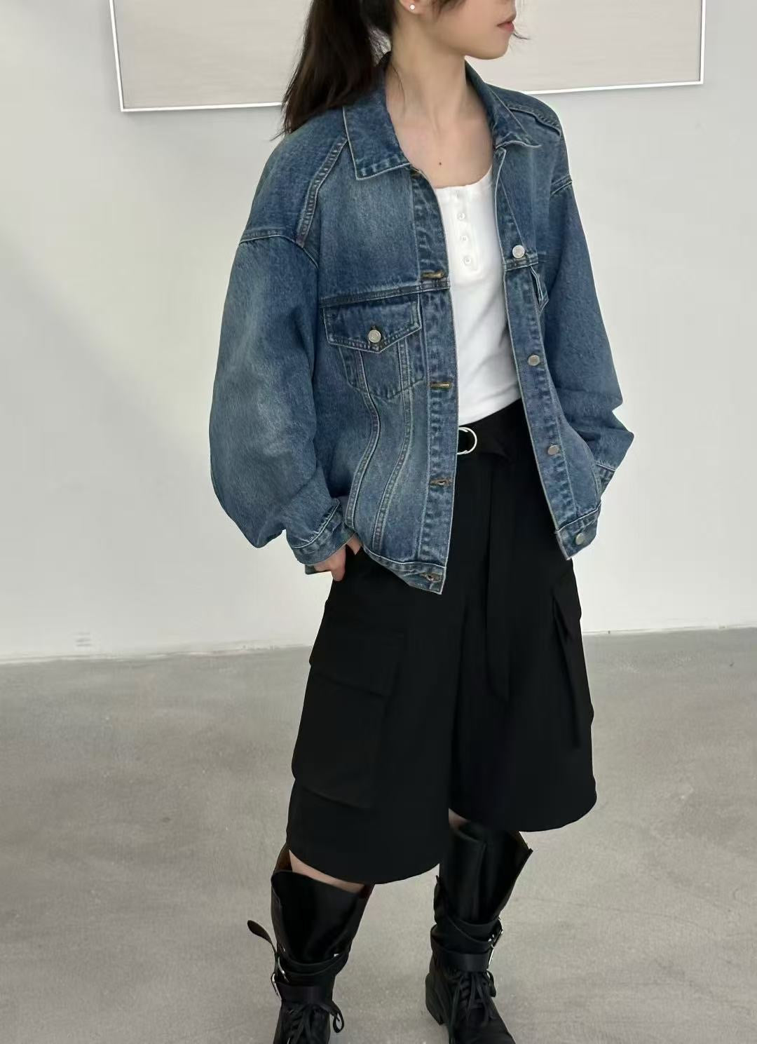 Mid-length belt back design denim jacket