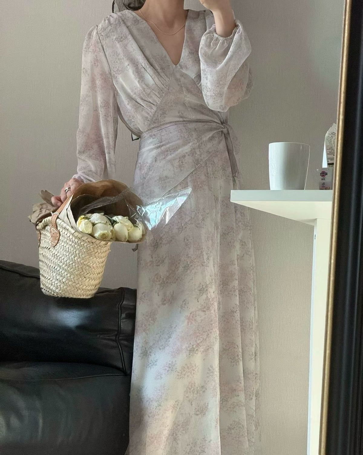 IMISSYOU V-neck floral long dress with scarf in Light Purple