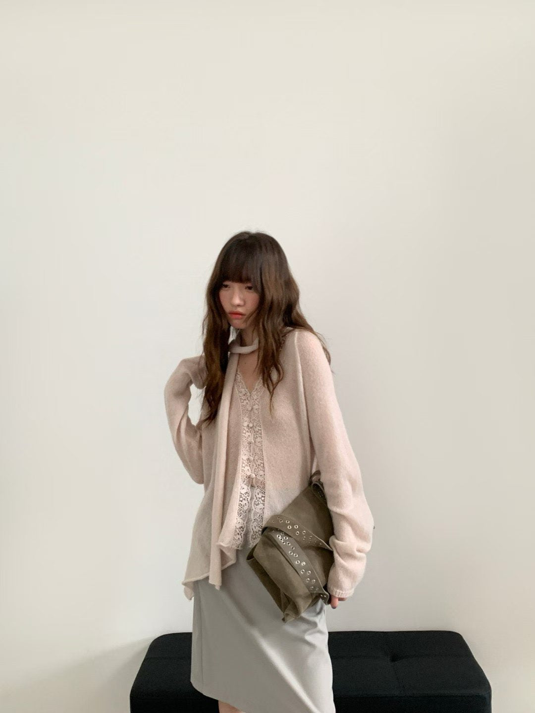 Lace trim cardigan with scarf