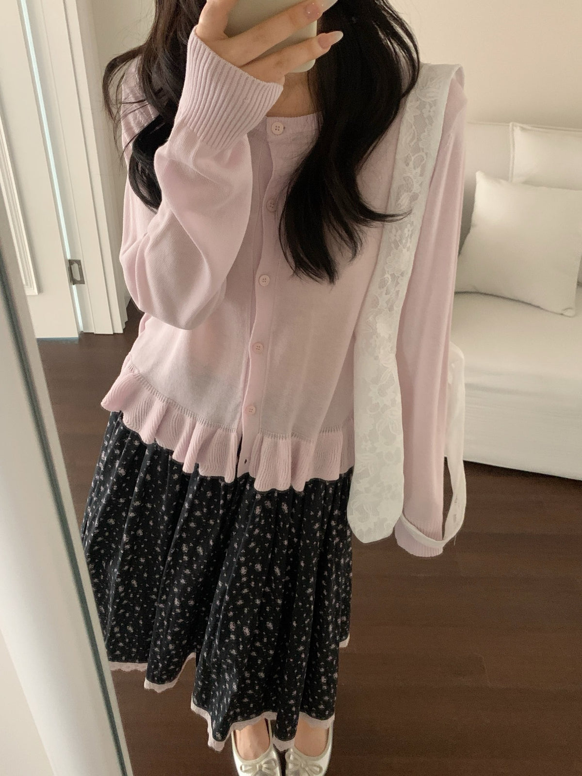 Linen ruffle bottom cardigan