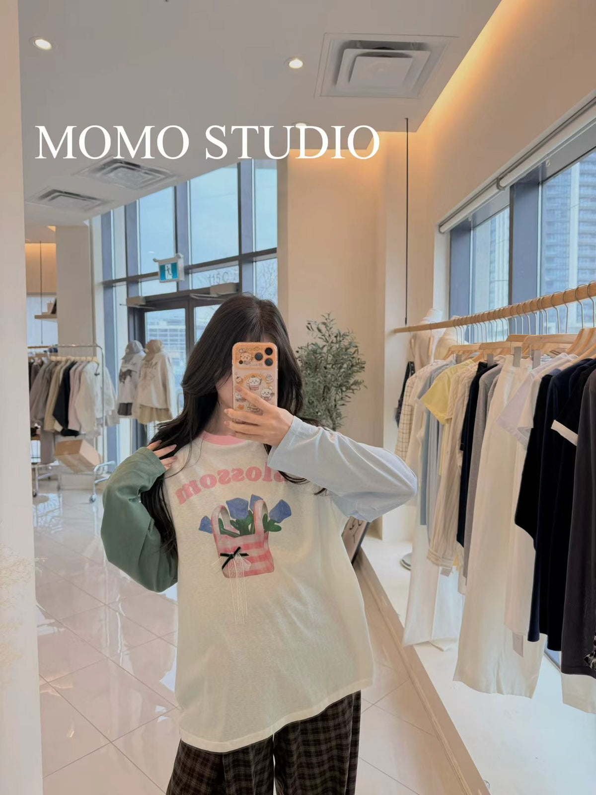 Crossover color flower bag long sleeve T-shirt