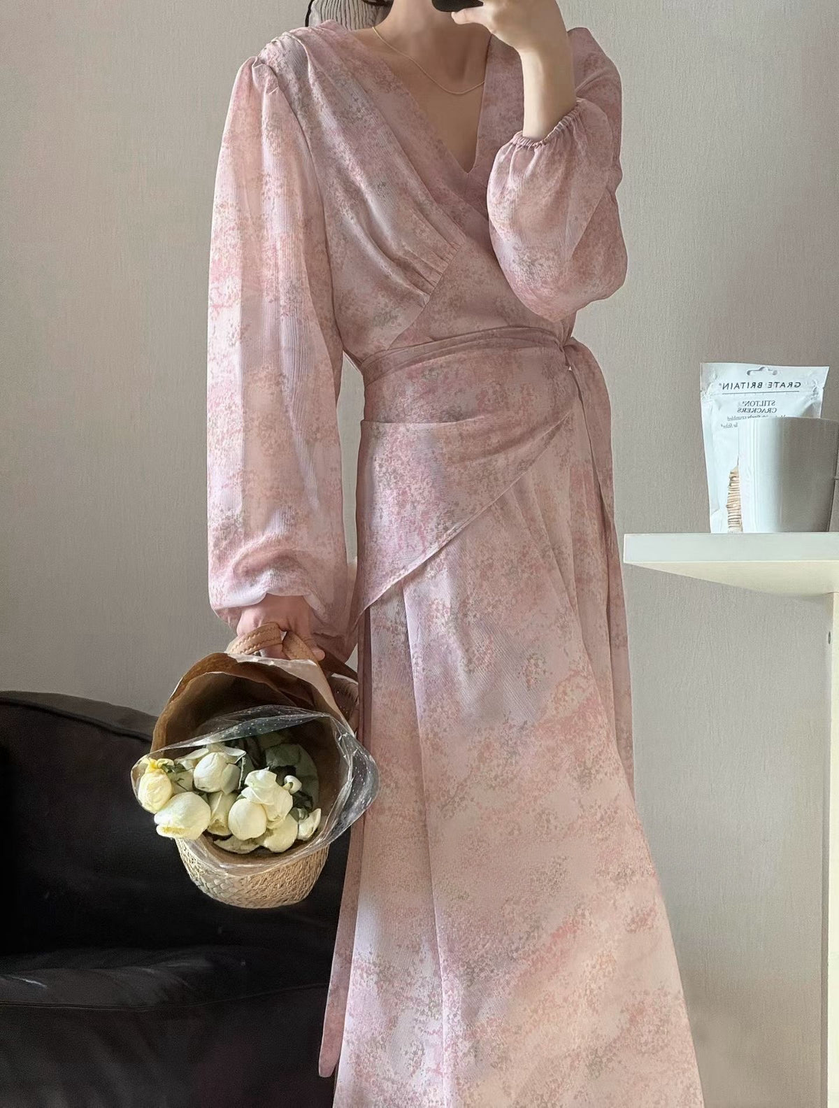 IMISSYOU V-neck floral long dress with scarf in Pink