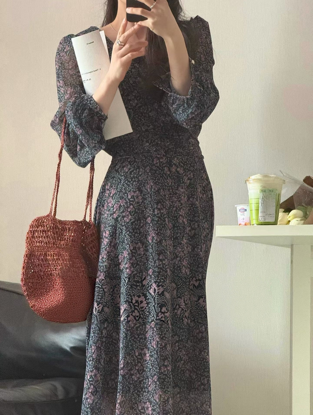 IMISSYOU wrinkle waist floral long dress in Black