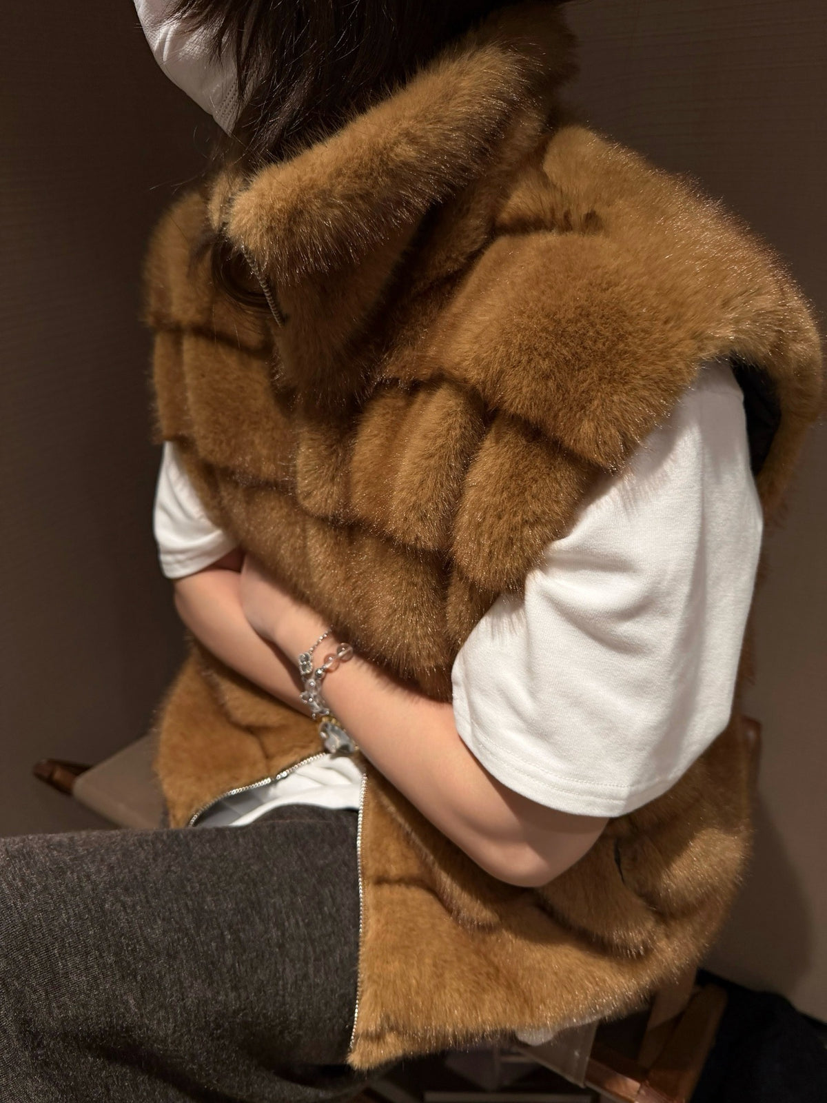 Faux mink fur reversible stripe vest