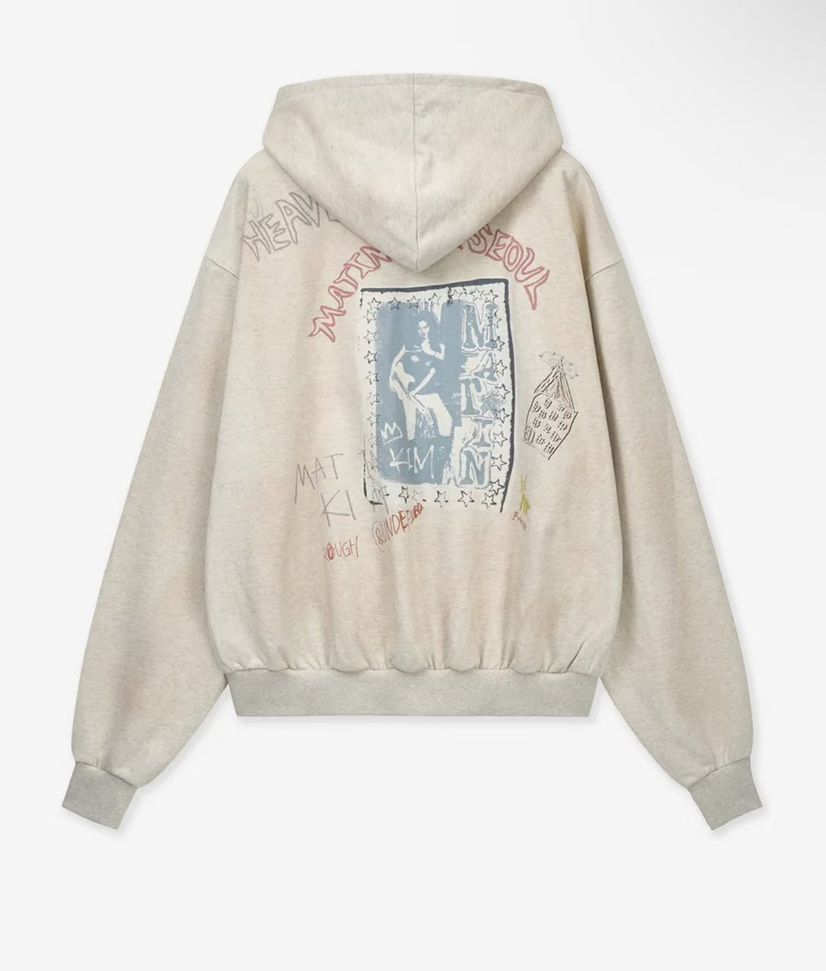 MATIN KIM Vintage Washed Graffiti Hoody Zip Up in Beige
