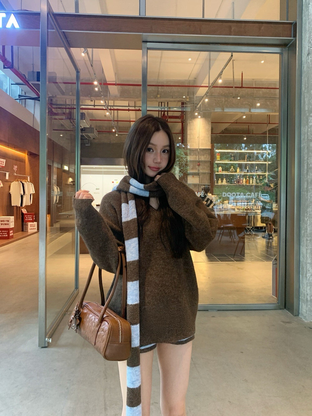 V-neck sweater and stripe shorts knit set with scarf