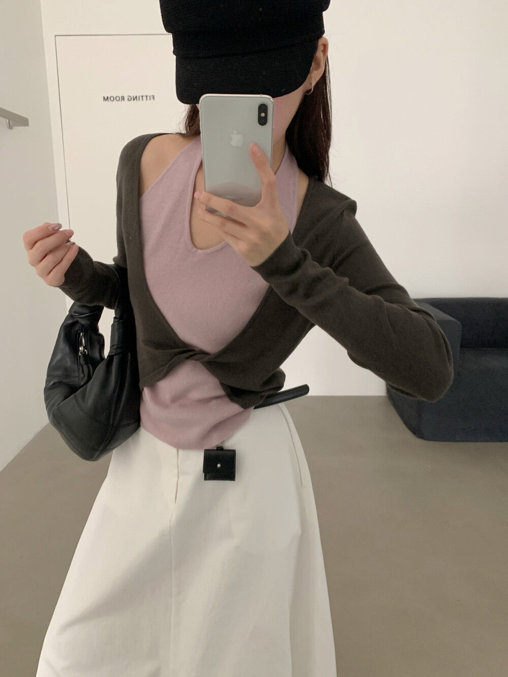 Fake 2-piec twist knit top