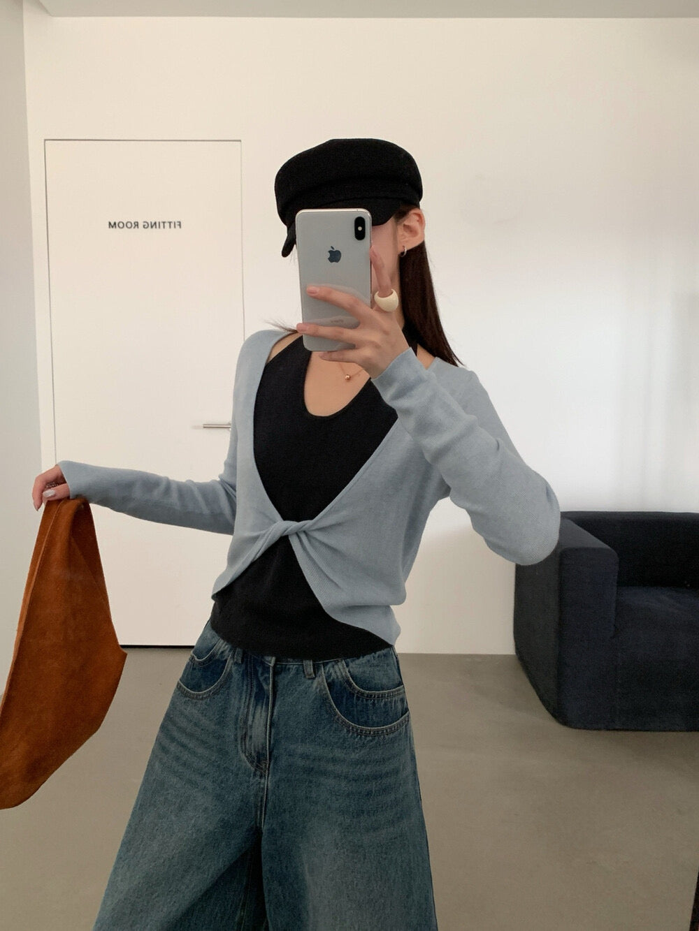 Fake 2-piec twist knit top