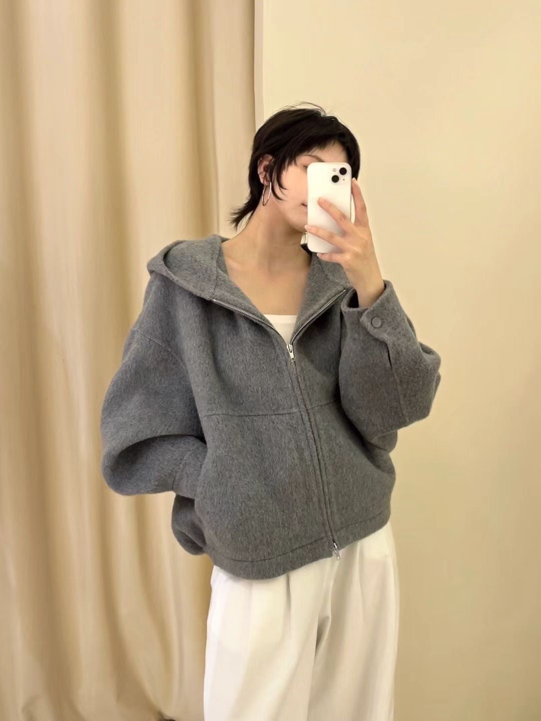 Woolen hooded zip-up jacket