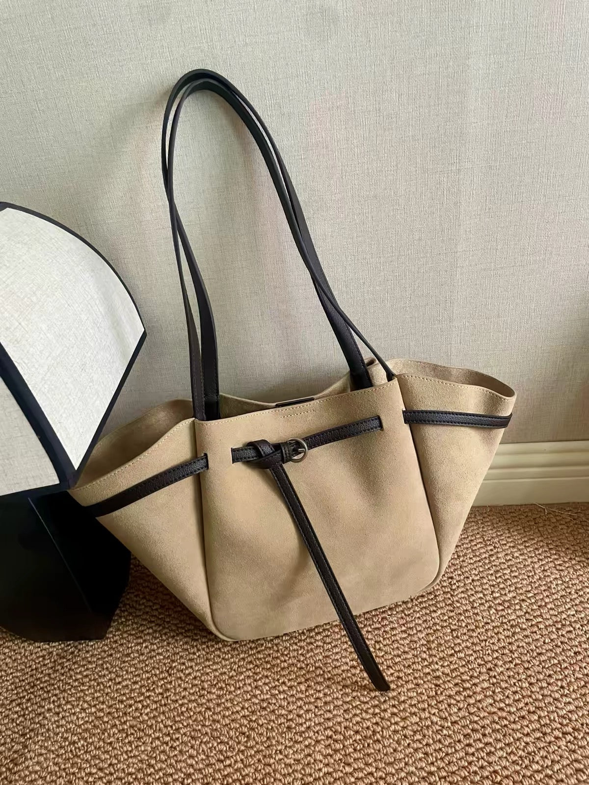 Suede cowhide belted tote bag