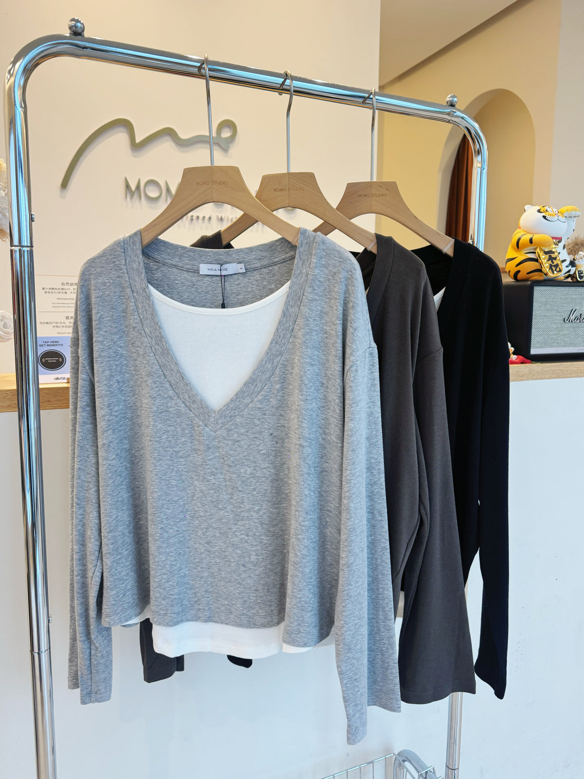 V-neck fake 2-piec set