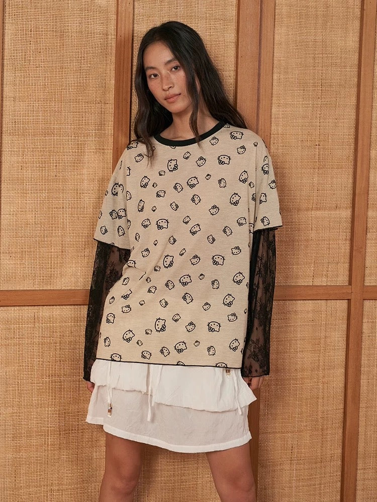 Hello Kitty print lace sleeve shirt