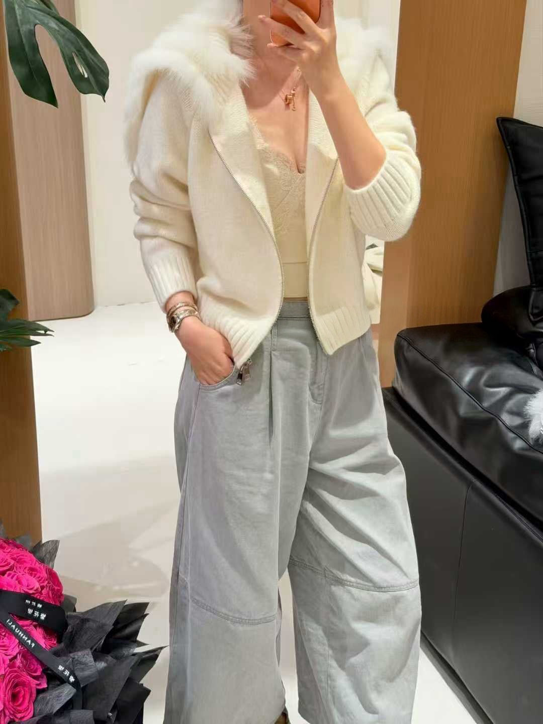 Fox fur trim large lapel cardigan