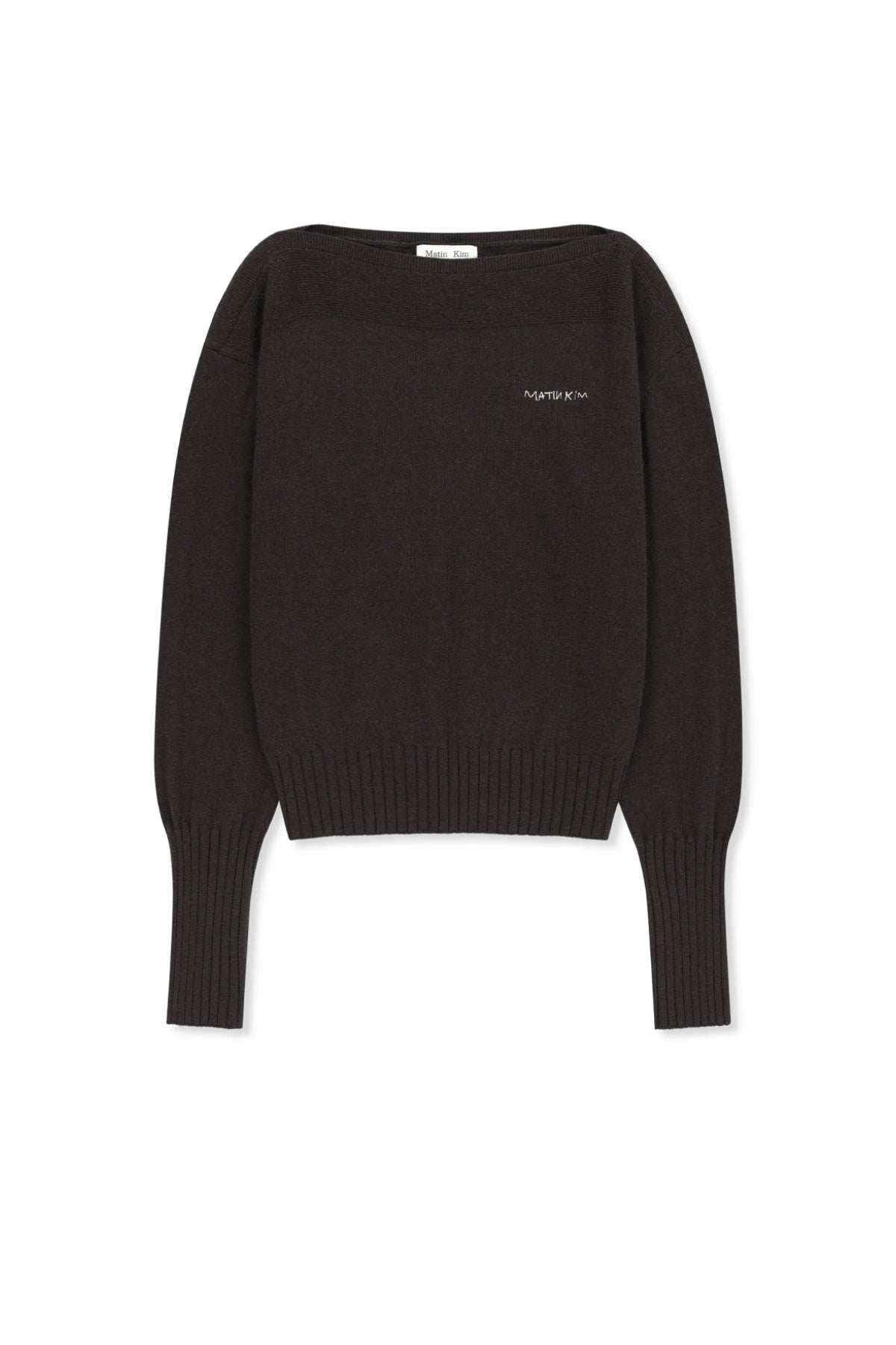 MATIN KIM BOAT NECK VOLUME SLEEVE KNIT PULLOVER IN BROWN
