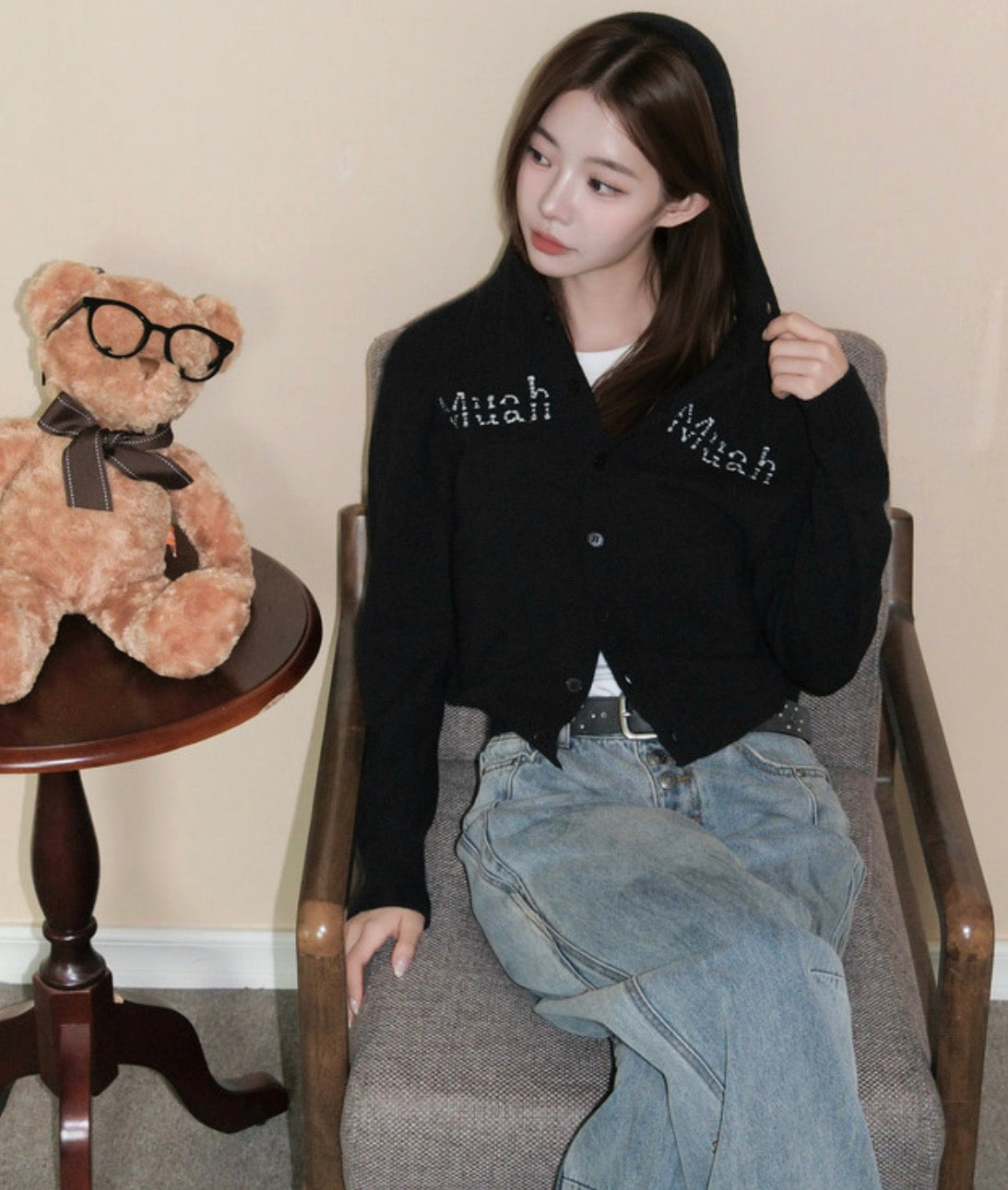 MUAHMUAH EMBROIDERY KNIT HOOD CARDIGAN
