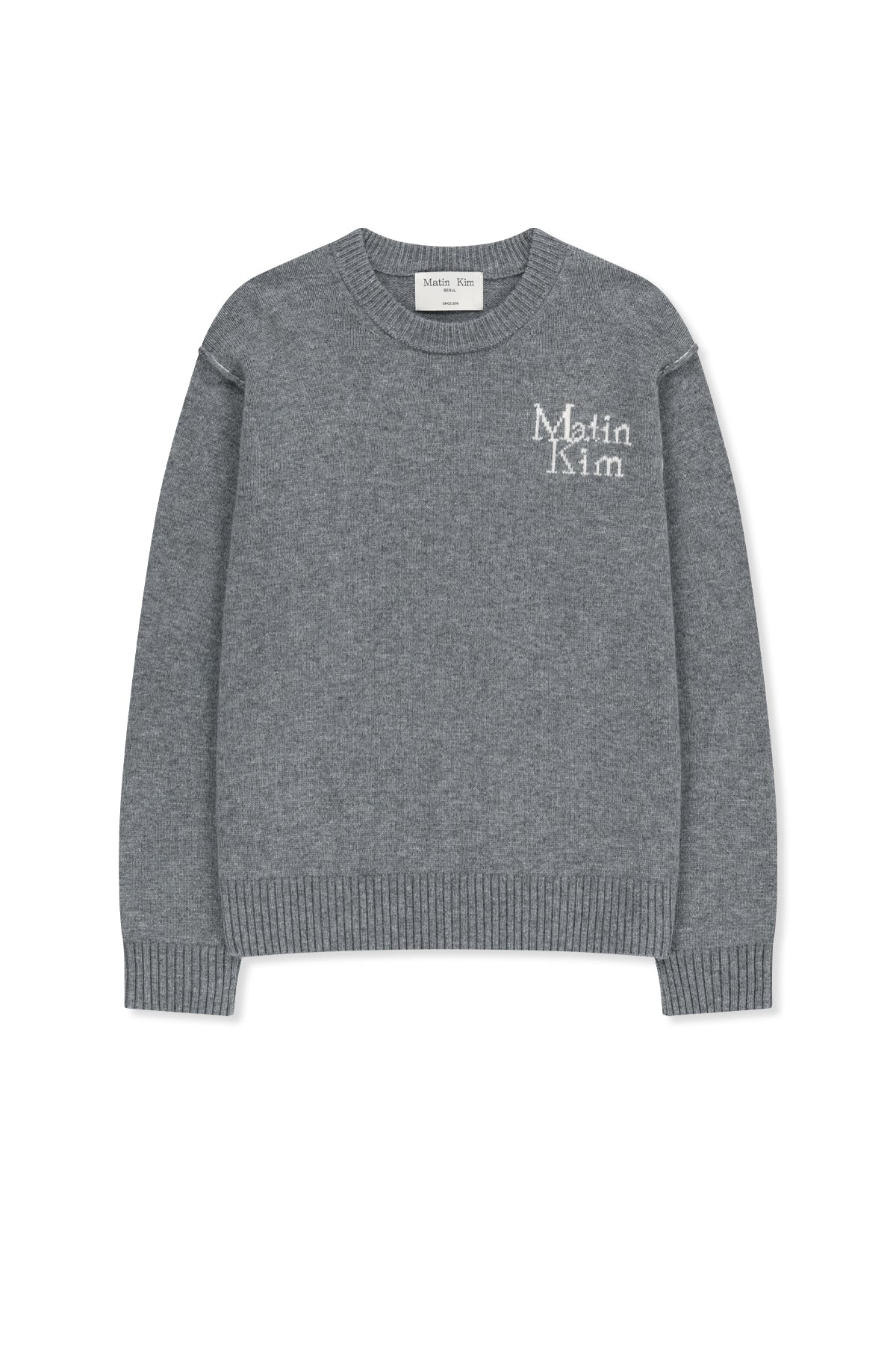 MATIN KIM GRID LOGO CASHMERE BLENDED KNIT PULLOVER IN GREY