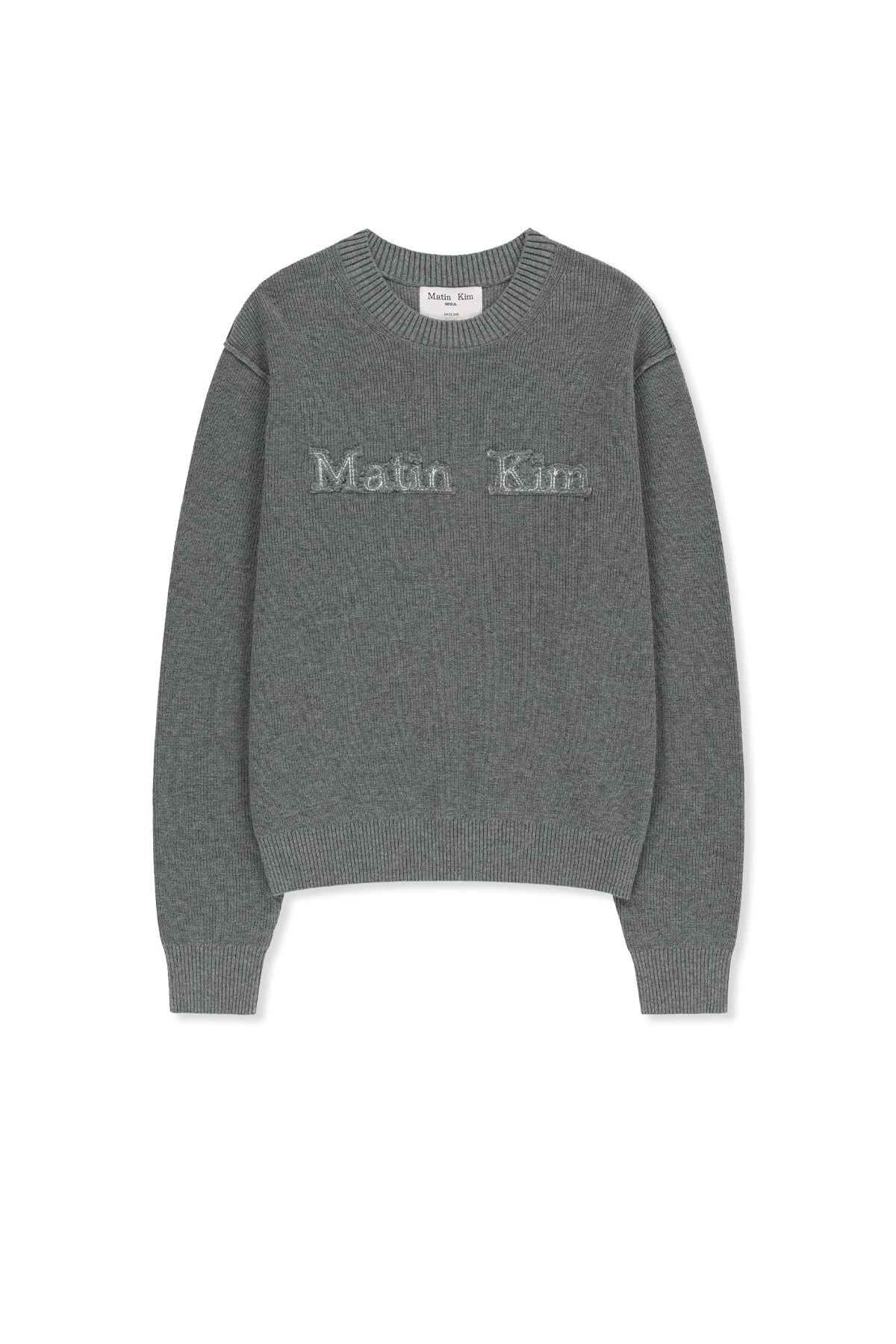 MATIN KIM MATIN APPLIQUE LOGO KNIT PULLOVER IN GREY