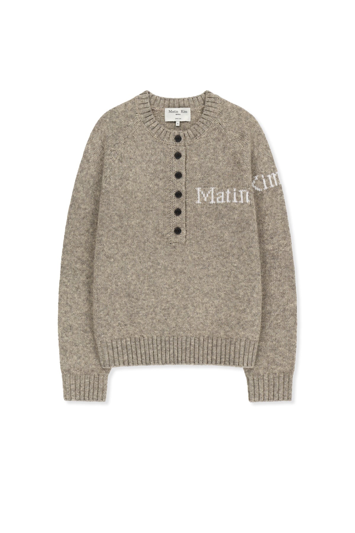 MATIN KIM MATIN BUTTON POINT HENLEY NECK LOGO KNIT TOP IN BEIGE