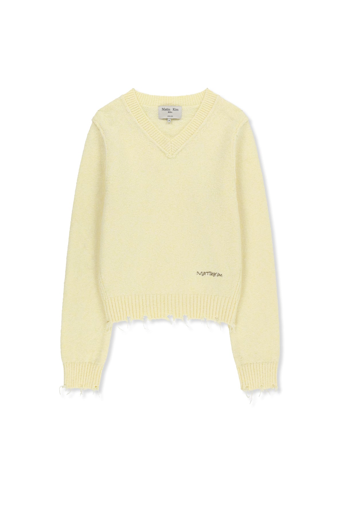 MATIN KIM DISTRESSED HEM V NECK KNIT PULLOVER IN LIGHT YELLOW