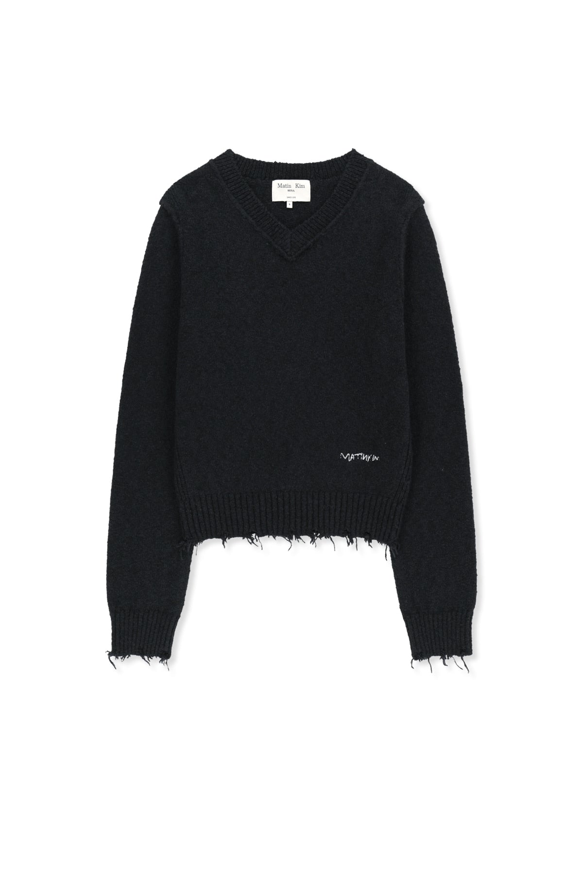 MATIN KIM DISTRESSED HEM V NECK KNIT PULLOVER IN DARK NAVY